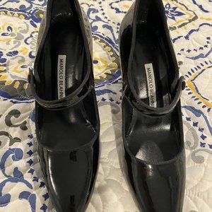 Manolo Blahnik Black Patent Leather Maryjane's, Size 37